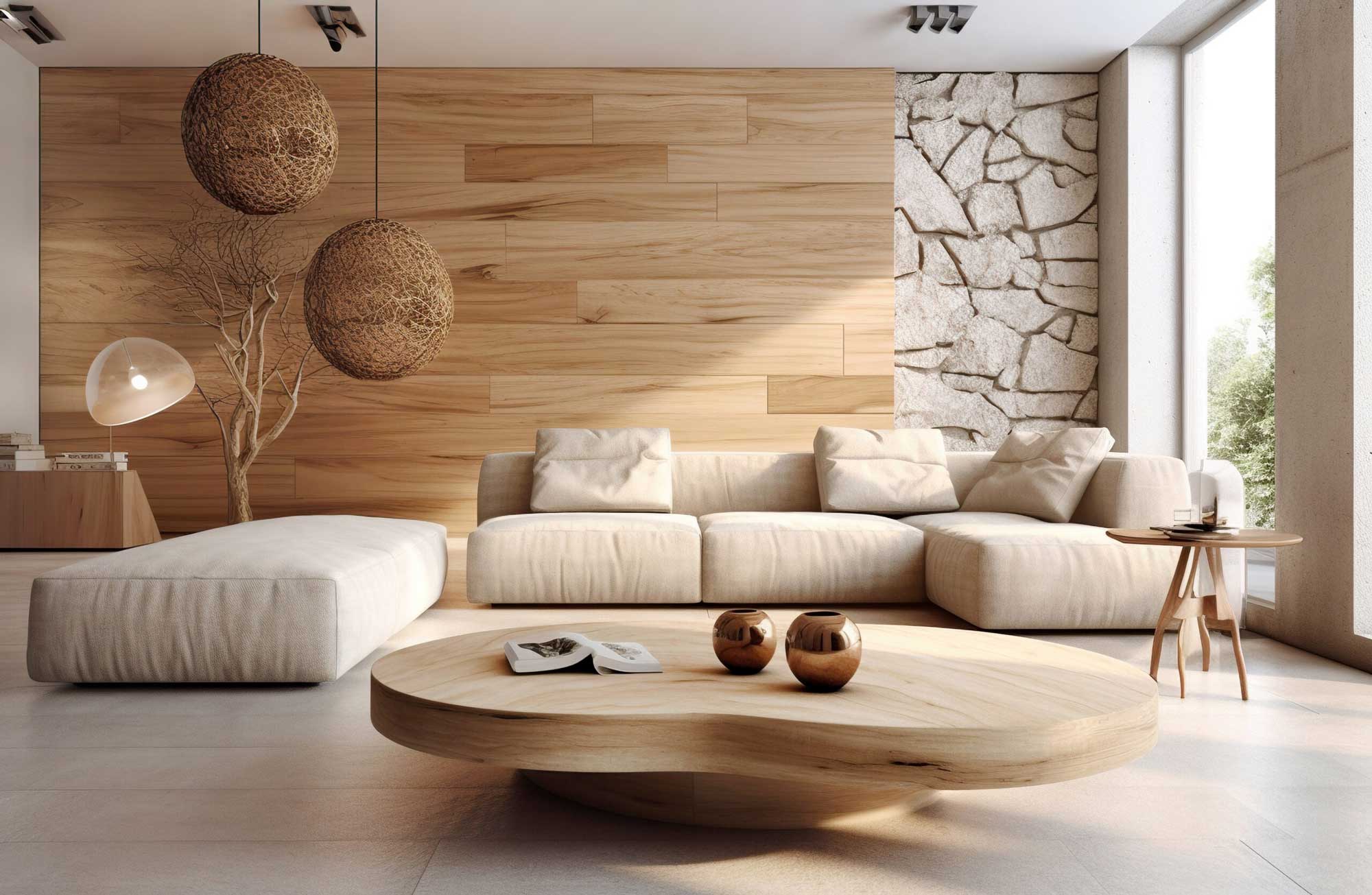 Modernes Wohnzimmer mit Holzvertäfelung und einem grossen runden Couchtisch in der Mitte.