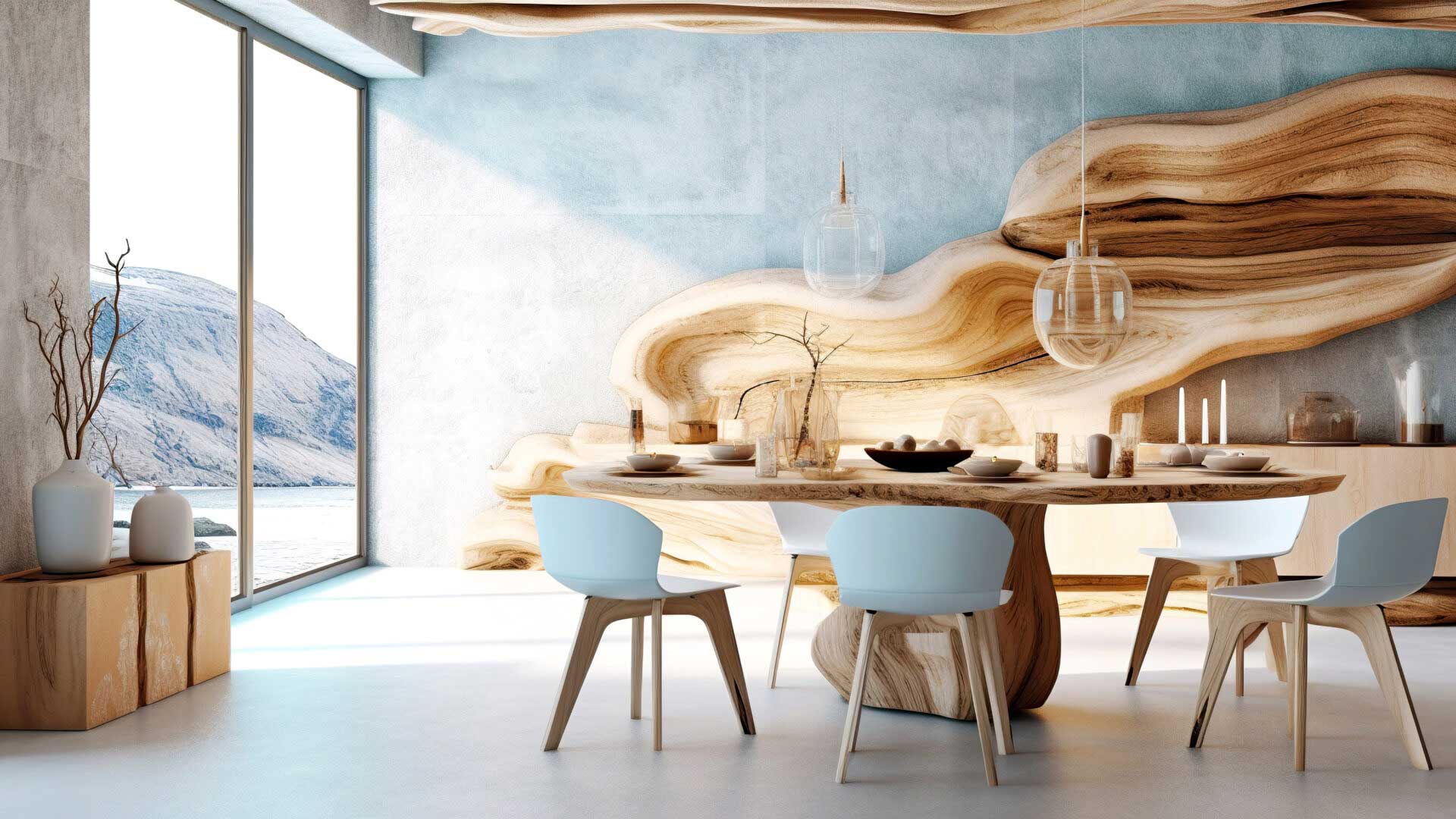  Ein Esszimmer mit einem grossen Holztisch und Stühlen, die um ihn herum angeordnet sind.