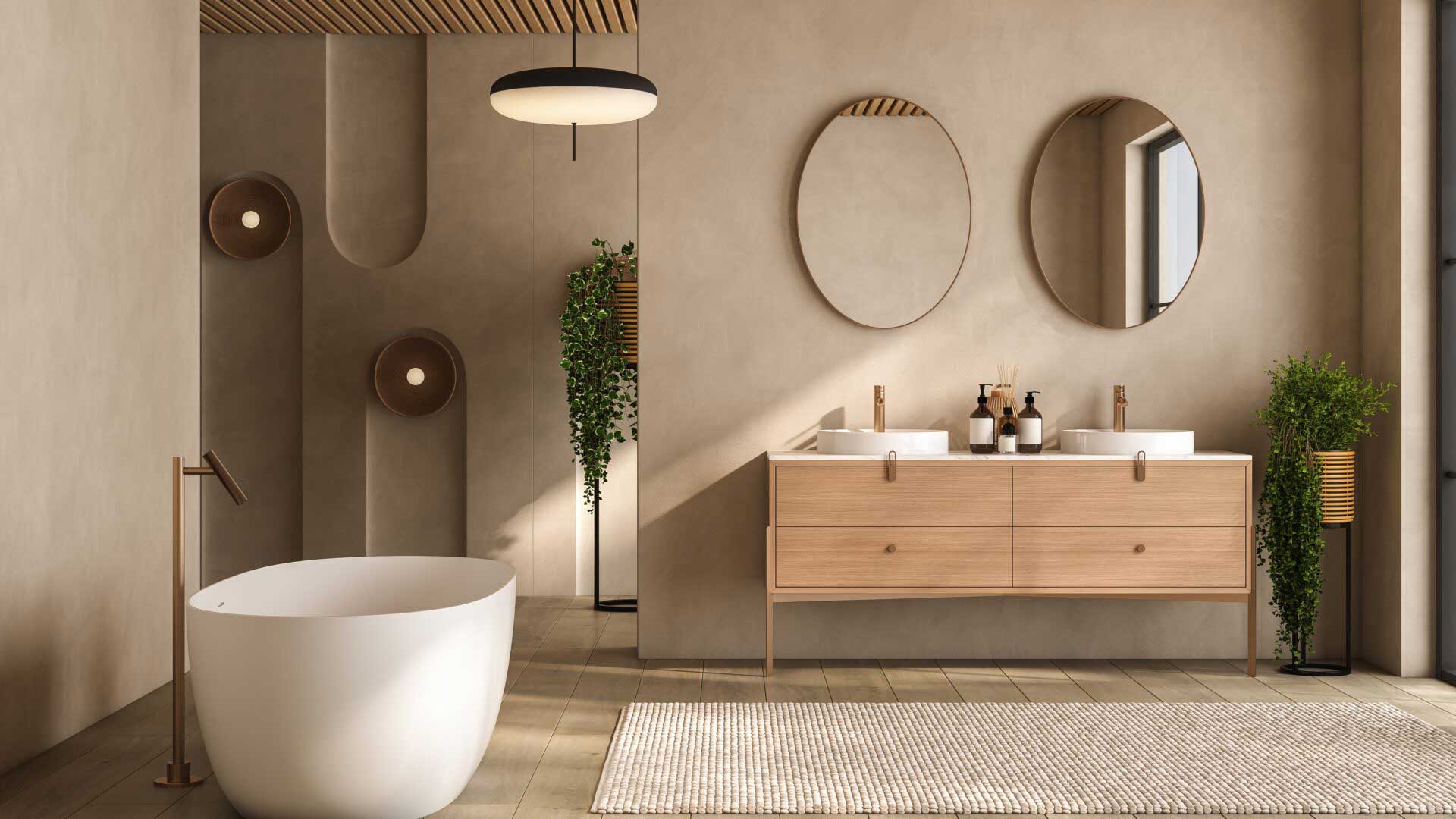 Modernes Badezimmer mit einer grossen Badewanne und zwei Spiegeln an der Wand. 
